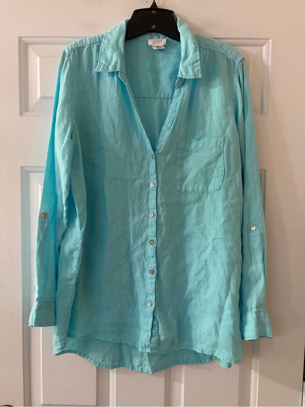 Sigrid Olsen 100% Linen Turquoise Blue Button Front Tunic Shirt Size large.